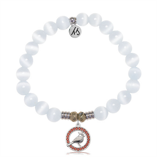 T Jazelle's White Cats Eye Gemstone Bracelet features a sterling silver charm with a garnet cardinal in a red gem circle, metallic spacers, and an engraved disc.