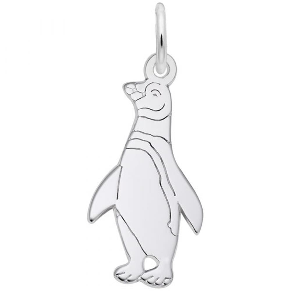 The Rembrandt Charms Penguin Charm in sterling silver is a detailed piece featuring engraved eyes, beak, and flippers, shaped like a standing penguin. It includes a small loop at the top for easy attachment to a necklace or bracelet.
