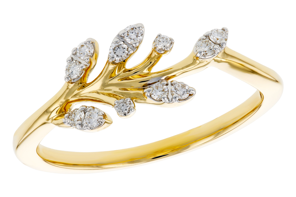 The D6118 14K YG Diamond Vine Ring by Allison Kaufman features a gold branch-like design with marquise and round diamonds clustered as leaves.
