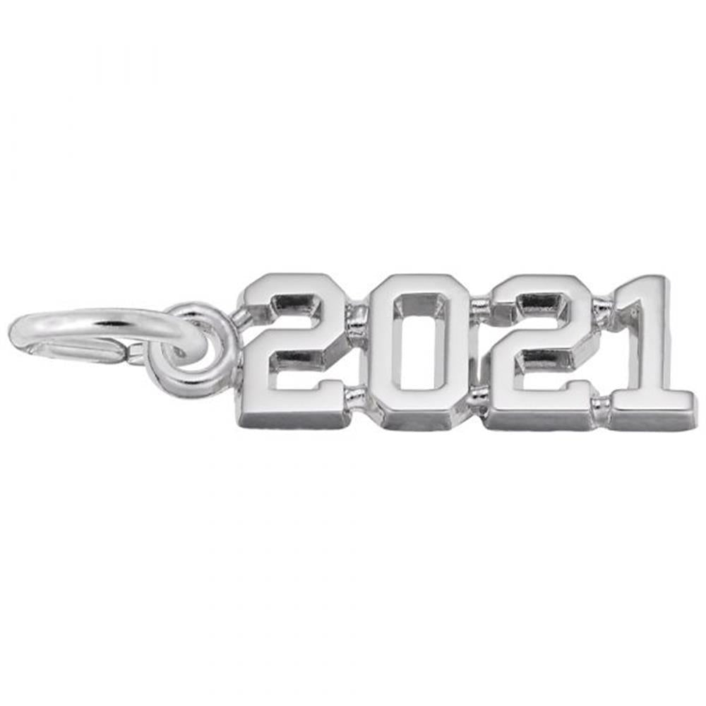 The Year 2021 Charm by Rembrandt Charms is crafted from sterling silver and features bold, three-dimensional numbers with a shiny, polished appearance. It includes a small loop on the left side for easy attachment to a necklace or bracelet.