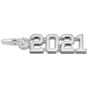 The Year 2021 Charm by Rembrandt Charms is crafted from sterling silver and features bold, three-dimensional numbers with a shiny, polished appearance. It includes a small loop on the left side for easy attachment to a necklace or bracelet.