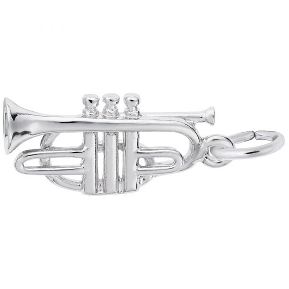 The Cornet Charm in Sterling Silver by Rembrandt Charms showcases exquisite detailing, featuring three top buttons and a circular attachment ring. This beautifully polished piece perfectly resembles a miniature cornet.