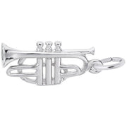 The Cornet Charm in Sterling Silver by Rembrandt Charms showcases exquisite detailing, featuring three top buttons and a circular attachment ring. This beautifully polished piece perfectly resembles a miniature cornet.