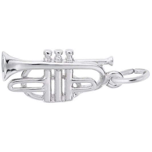 The Cornet Charm in Sterling Silver by Rembrandt Charms showcases exquisite detailing, featuring three top buttons and a circular attachment ring. This beautifully polished piece perfectly resembles a miniature cornet.