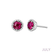 Introducing the stunning July Birthstone Ruby Earrings by Lafonn. This radiant pair features round-cut lab-grown red rubies, each beautifully surrounded by a halo of sparkling white diamonds. The word "JULY" in light purple graces the bottom right corner, highlighting their perfect appeal as beloved birthstone jewelry.