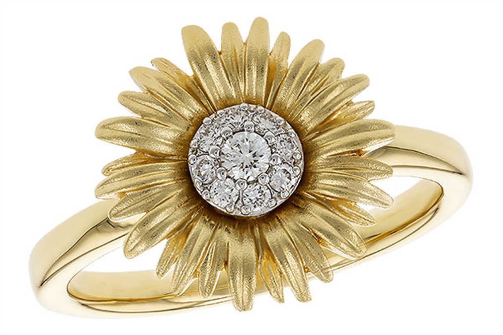 The Allison Kaufman Diamonds 14K Yellow Gold Sunflower Ring showcases an intricate floral design with a center adorned with small diamonds.
