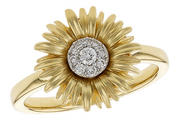 The Allison Kaufman Diamonds 14K Yellow Gold Sunflower Ring showcases an intricate floral design with a center adorned with small diamonds.