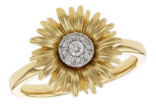 The Allison Kaufman Diamonds 14K Yellow Gold Sunflower Ring showcases an intricate floral design with a center adorned with small diamonds.