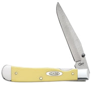 The Yellow Synthetic Smooth TrapperLock from W.R. Case & Sons Cutlery Co. is a folding knife with a single partially opened stainless steel blade. Its yellow handle features a metal emblem engraved with "CASE" and has metal caps on both ends.