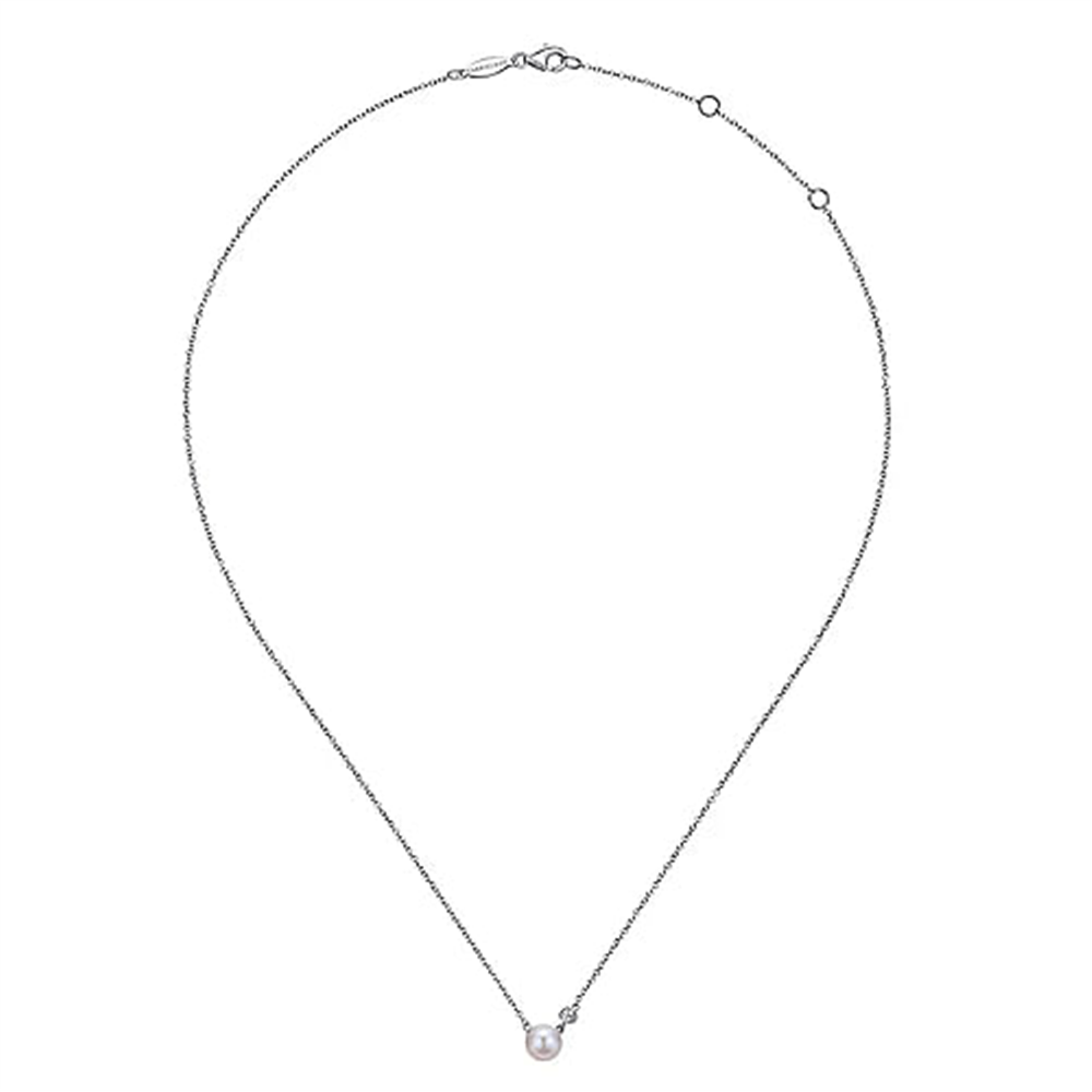 Introducing the Gabriel & Co 925 Sterling Silver Cultured Pearl and Diamond Pendant Necklace. This delicate piece features a single cultured pearl pendant adorned with a striking diamond, elegantly suspended on a fine 925 sterling silver chain. The simple yet sophisticated design is finished with a secure clasp closure. Photographed against a plain white background, this necklace exudes timeless elegance and refinement.