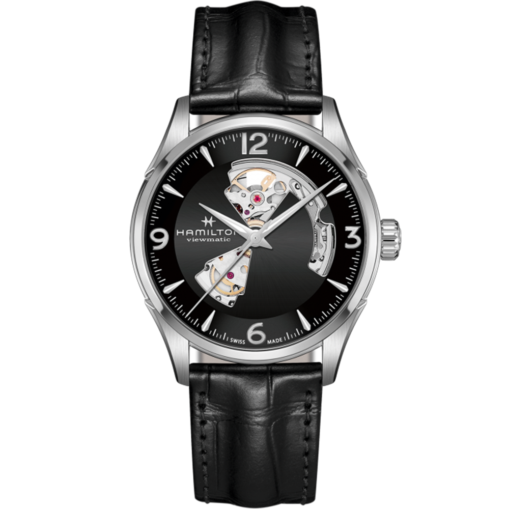 The Hamilton Jazzmaster Automatic Open Heart Watch features a sophisticated black leather strap. The timepiece has a sleek black dial with a partial skeleton design that showcases the intricate Swiss automatic movement inside. It is adorned with silver numerals and hour markers, encased in a polished silver casing, complete with a small crown on the right side.