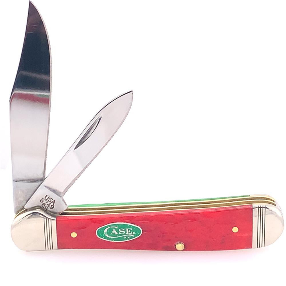 A limited edition pocket knife from W.R. Case & Sons Cutlery Co.'s 2021 collection, named the "Magician's Bright Green," features two open blades—one large and one small—extending from a dark red bone handle. The handle is adorned with brass bolsters and an oval green emblem that reads "CASE." The clean, silver blades have slight reflections that perfectly embody the name of the collection.
