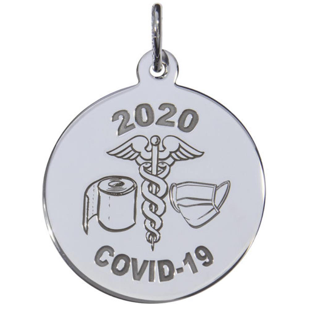 The Covid-19 TP, Mask, Caduceus Charm by Rembrandt Charms is a sterling silver round pendant engraved with the year "2020" above the Caduceus symbol, flanked by a roll of toilet paper on the left and a face mask on the right. The text "COVID-19" is inscribed at the bottom, making this charm a unique memento of these unprecedented times.
