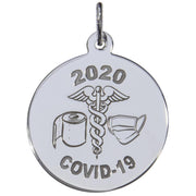 The Covid-19 TP, Mask, Caduceus Charm by Rembrandt Charms is a sterling silver round pendant engraved with the year "2020" above the Caduceus symbol, flanked by a roll of toilet paper on the left and a face mask on the right. The text "COVID-19" is inscribed at the bottom, making this charm a unique memento of these unprecedented times.