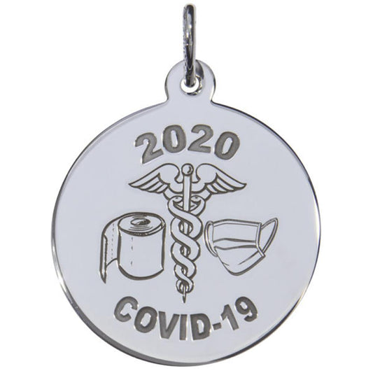 The Covid-19 TP, Mask, Caduceus Charm by Rembrandt Charms is a sterling silver round pendant engraved with the year "2020" above the Caduceus symbol, flanked by a roll of toilet paper on the left and a face mask on the right. The text "COVID-19" is inscribed at the bottom, making this charm a unique memento of these unprecedented times.