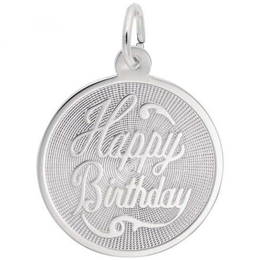 The Rembrandt Charms Birthday Disc Charm in Sterling Silver is a circular pendant showcasing a textured background and an elegant "Happy Birthday" engraving in cursive. This sophisticated charm includes a small loop at the top, making it ideal for attaching to a chain or bracelet.