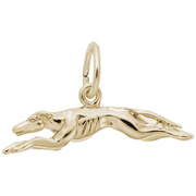 Rembrandt Charms' Greyhound Dog Charm, crafted from gold-plated sterling silver, elegantly depicts a streamlined greyhound mid-leap. The charm captures the greyhound with its body fully extended and legs outstretched, showcasing dynamic motion. A loop at the top ensures easy attachment to a chain or bracelet.