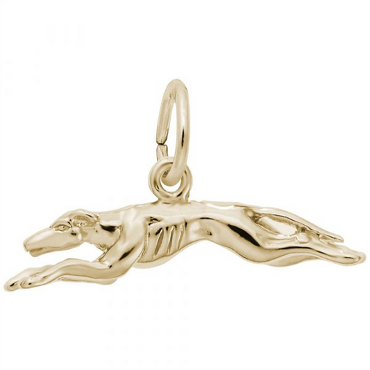 Rembrandt Charms' Greyhound Dog Charm, crafted from gold-plated sterling silver, elegantly depicts a streamlined greyhound mid-leap. The charm captures the greyhound with its body fully extended and legs outstretched, showcasing dynamic motion. A loop at the top ensures easy attachment to a chain or bracelet.