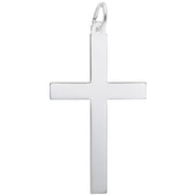 The Extra Large Plain Cross Charm in Sterling Silver from Rembrandt Charms features a smooth, reflective surface and includes a small loop for attaching to a chain. Its elegant design makes it a stunning addition to any collection against its plain white background.