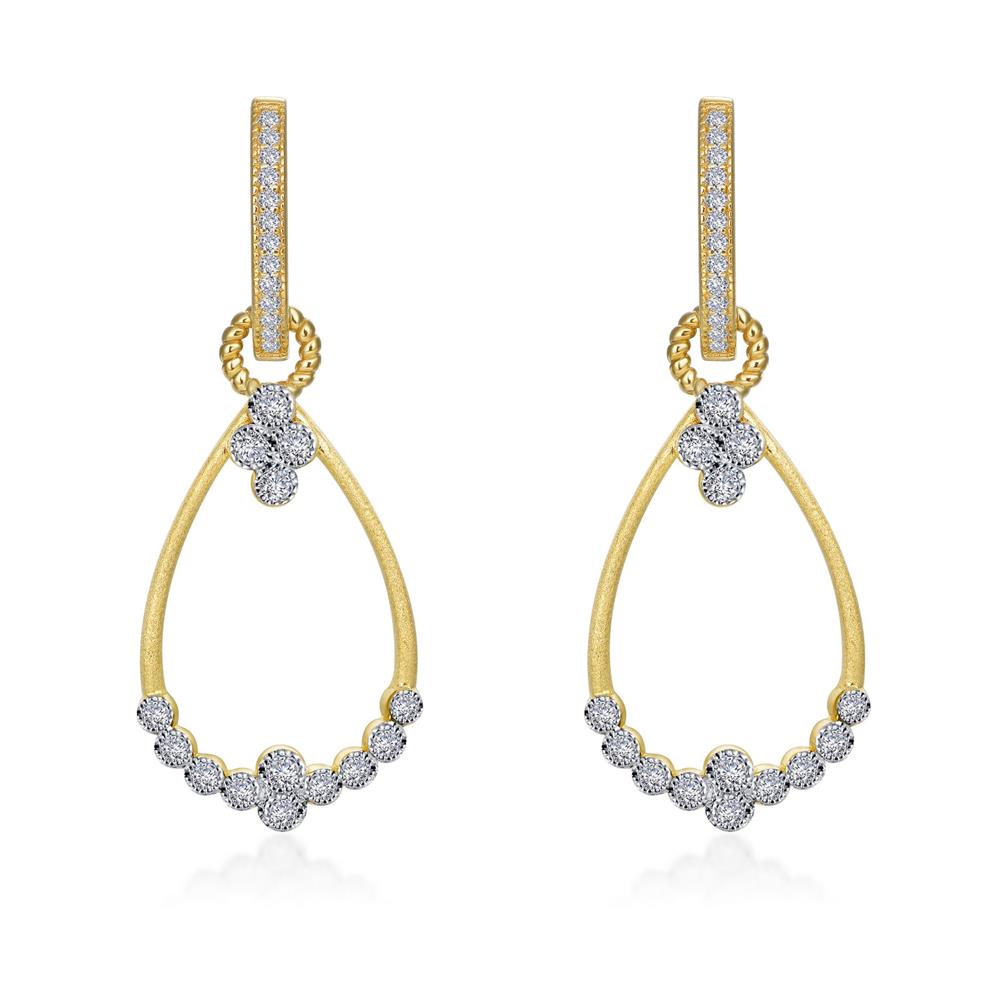 A pair of elegant Frontal Hoop Earrings by Lafonn, crafted in gold and adorned with Lassaire simulated diamonds. Each earring features a teardrop-shaped gold frame embellished with a pattern of diamonds along the inner lower edge, complemented by additional diamonds decorating the upper part where the teardrop attaches to the hook.