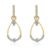 A pair of elegant Frontal Hoop Earrings by Lafonn, crafted in gold and adorned with Lassaire simulated diamonds. Each earring features a teardrop-shaped gold frame embellished with a pattern of diamonds along the inner lower edge, complemented by additional diamonds decorating the upper part where the teardrop attaches to the hook.