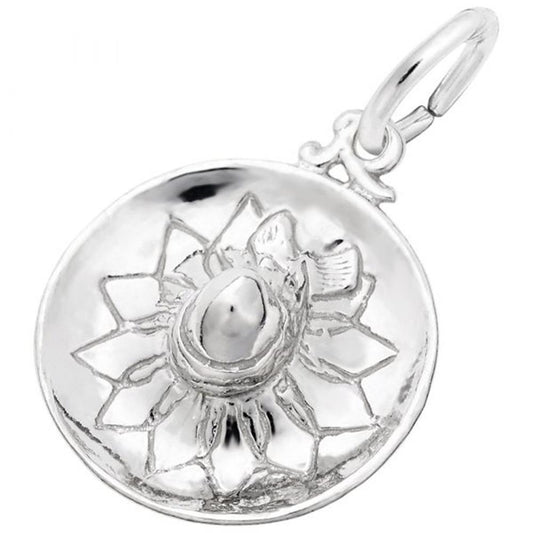 Here is a revised sentence incorporating the given product data:

The Sombrero Charm by Rembrandt Charms is an elegant pendant crafted meticulously from sterling silver. This exquisite piece of jewelry features a central egg-shaped stone surrounded by a lotus flower design with detailed petals, and has a small loop at the top for attaching to a necklace or bracelet.
