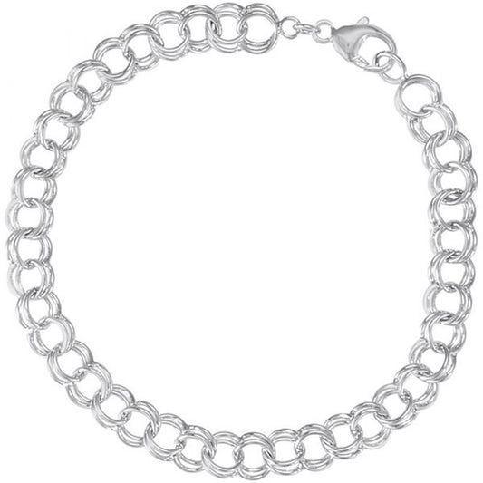 The Rembrandt Charms 7-inch Charm Bracelet features double loop links and a polished finish, giving it a sturdy yet sophisticated appearance perfect for both casual and formal occasions. The sterling silver bracelet is equipped with a lobster clasp closure, and its double loop design adds texture and visual interest, making it a timeless piece of jewelry.