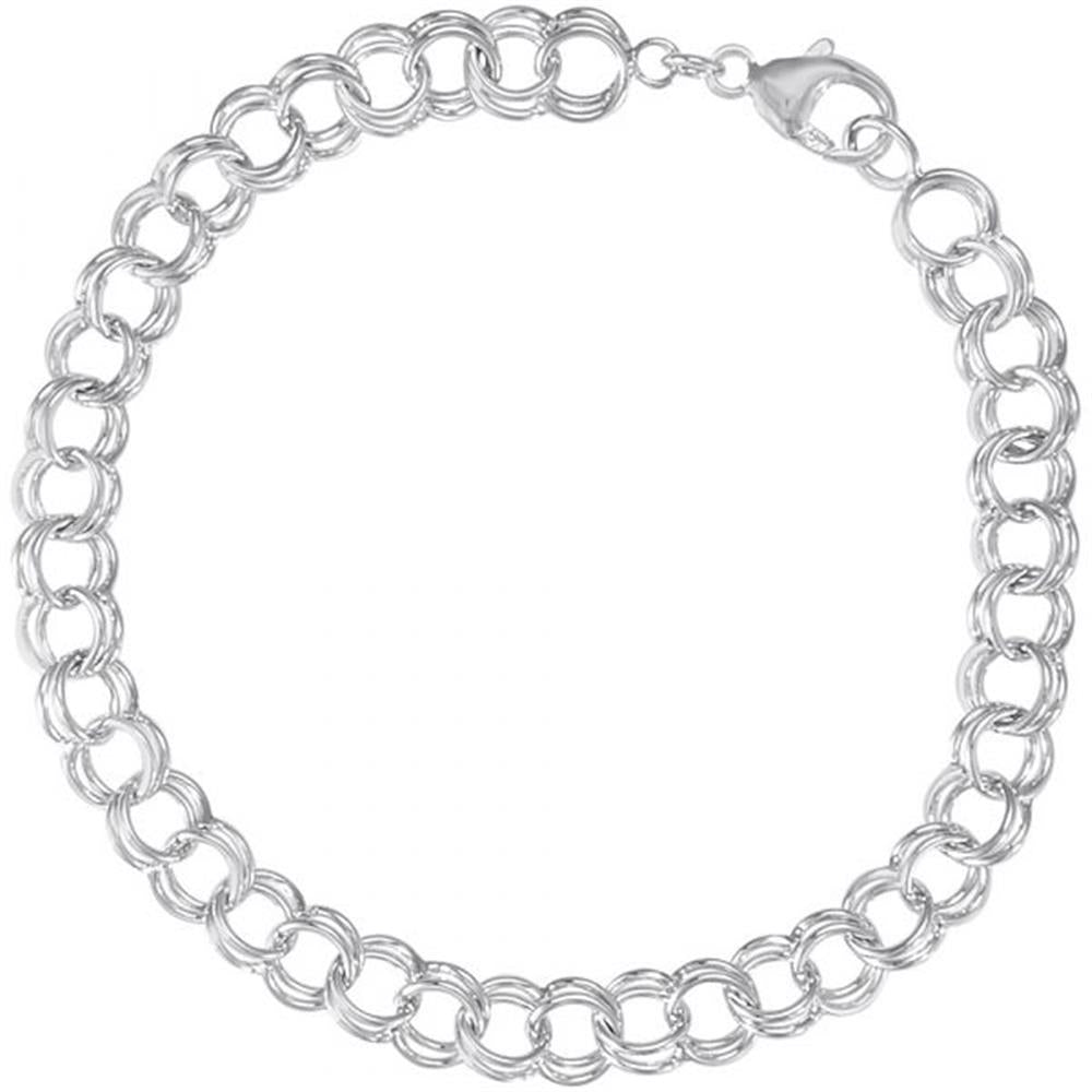 A close-up of the Rembrandt Charms 8-inch Charm Bracelet, crafted from sterling silver and showcasing a double-link design with small interlocking rings connected to a lobster clasp fastener. The bracelet is elegantly displayed against a plain white background.