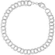 A close-up of the Rembrandt Charms 8-inch Charm Bracelet, crafted from sterling silver and showcasing a double-link design with small interlocking rings connected to a lobster clasp fastener. The bracelet is elegantly displayed against a plain white background.