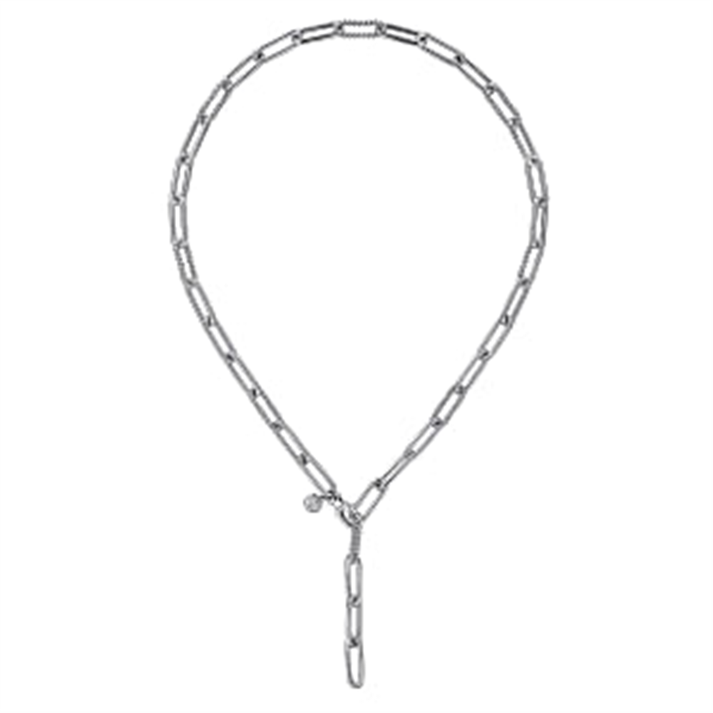 The Gabriel & Co 925 Sterling Silver Y Chain Necklace (Serial No: S1746137) features a delicate, boutique silver design with elongated oval links. This 20-inch necklace forms an overlapping loop at the front, creating a Y-shape with a single dangling link and an additional small charm near the clasp at the top. Displayed on a white background.