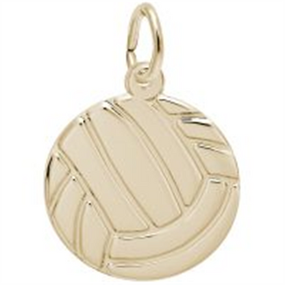 Rembrandt Charms’ Flat Volleyball Charm in gold plating features a textured volleyball design with a small loop at the top—ideal for adding to a necklace or bracelet. This stylish volleyball jewelry charm is perfect for passionate players and fans, photographed on a plain white background.
