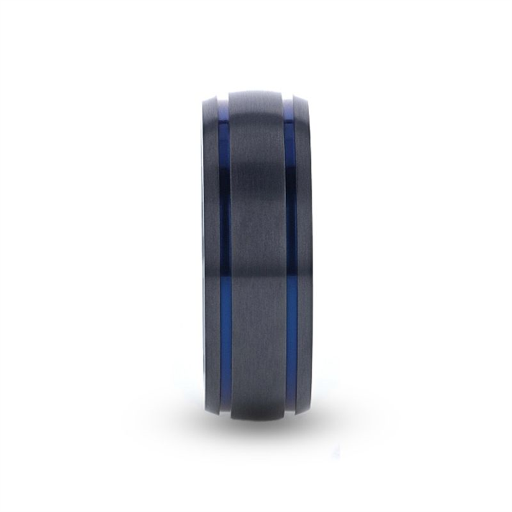 Introducing the SHERIFF Domed Black Titanium Brushed Finish Men’s Wedding Ring by Thorsten: a sleek, metallic ring featuring a brushed silver-gray finish accented with two thin, parallel blue grooves encircling its circumference. Crafted from durable black titanium, this men's wedding ring boasts a modern and minimalist design that exudes style and strength.