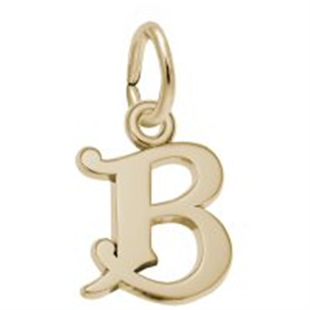 The Curly Initial Charm (B) – Gold Plated by Rembrandt Charms is a gold-plated charm shaped like the letter “B”, featuring a small loop at the top for easy attachment to a necklace or bracelet, making it a meaningful piece of personalized keepsake jewelry.