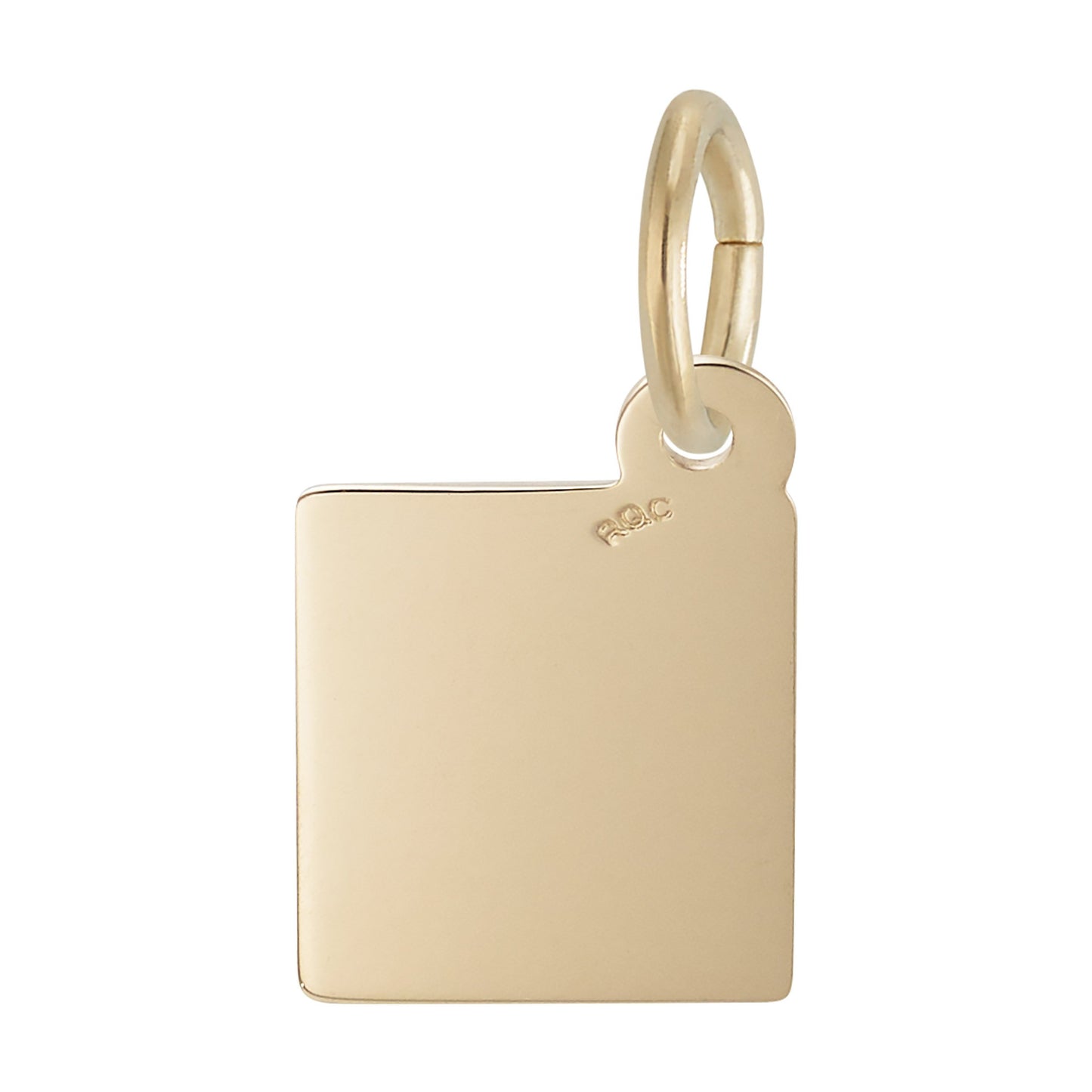 A gold-plated square Bible Charm by Rembrandt Charms, featuring a smooth and polished surface with a small circular loop at the top for attaching to a chain. Near the top edge, an engraved text adds meaning, making this faith-inspired jewelry an ideal personalized religious gift.