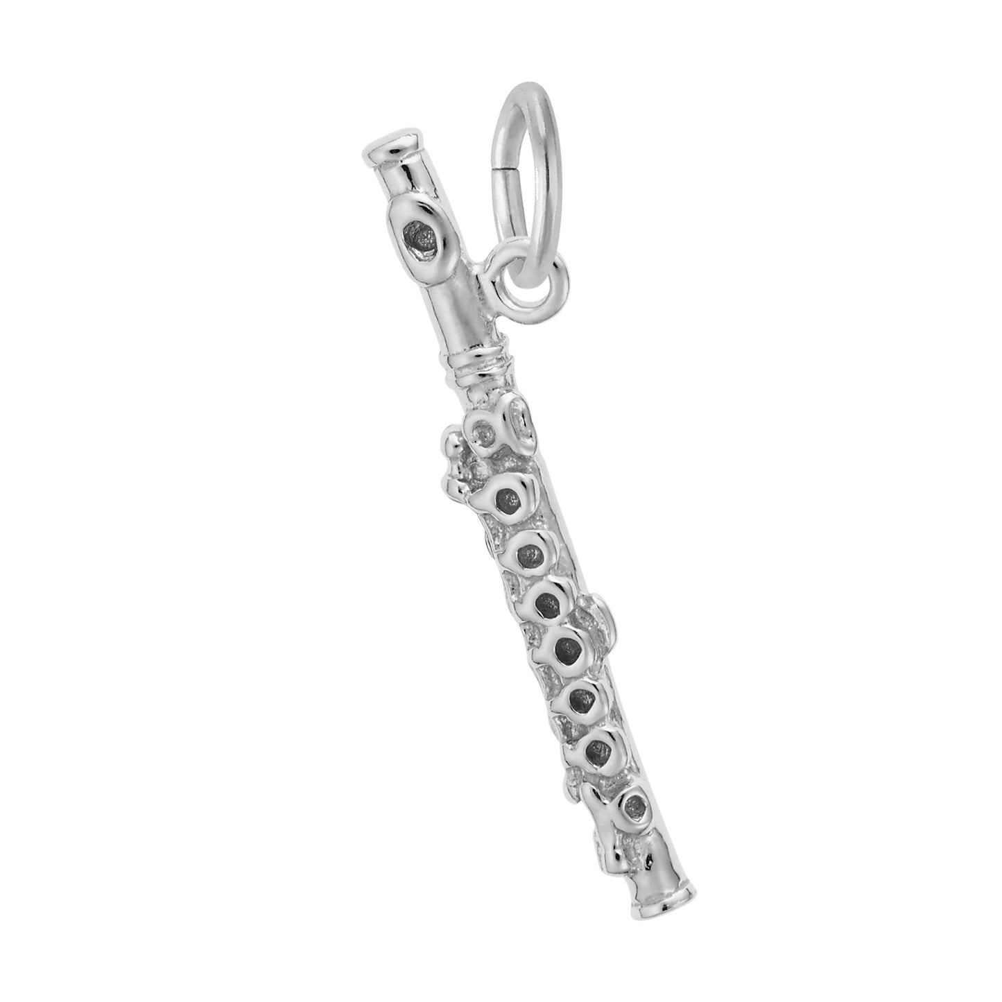 Discover the Piccolo - Sterling Silver Charm by Rembrandt Charms, an elegant silver charm featuring intricate keywork and a convenient loop at the top for easy attachment to a bracelet or necklace—an ideal gift for any music lover.