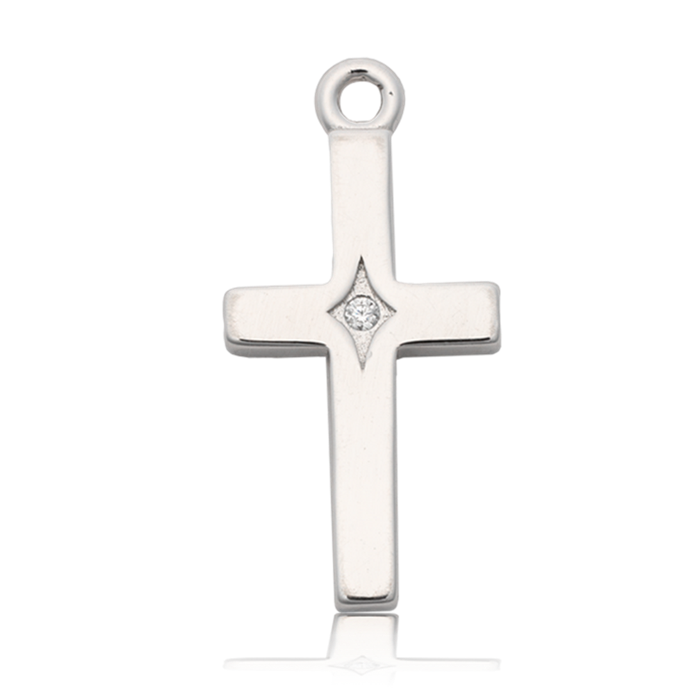 The T Jazelle Moonstone Gemstone Bracelet features a sterling silver cross charm adorned with cubic zirconia, symbolizing healing and luck, showcased on a plain white background.