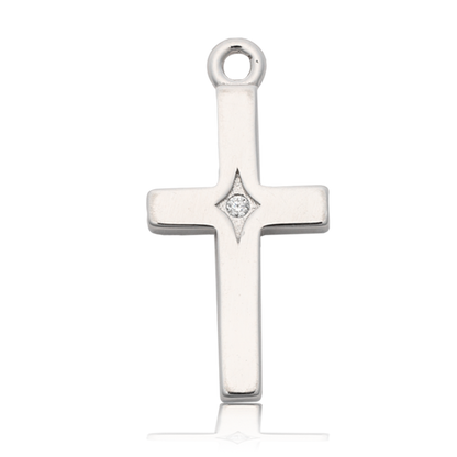 The T Jazelle Moonstone Gemstone Bracelet features a sterling silver cross charm adorned with cubic zirconia, symbolizing healing and luck, showcased on a plain white background.