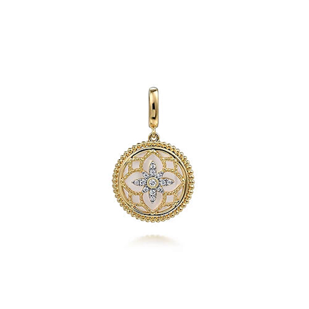 The 14K Yellow Gold Bujukan Diamond and Mother of Pearl Medallion Pendant from Gabriel & Co's Bujukan Collection features a circular design with an intricate flower pattern at its center. Adorned with small sparkling gemstones, this exquisite pendant also boasts a delicate beaded border around its edge and a polished gold bail for easy attachment to a chain.