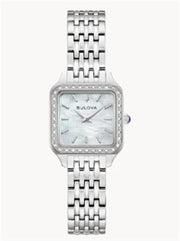 The Bulova Watch Company Diamond Sutton women's watch (96R256) features a silver-tone case, MOP rectangular face, diamond-accented bezel, and a linked bracelet—an elegant accessory for any occasion.