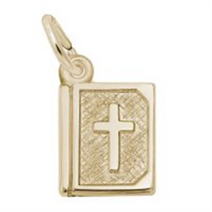 Introducing the Bible Charm - Gold Plated by Rembrandt Charms. This beautifully crafted gold-plated pendant is shaped like a book with a cross on the front cover, evoking the image of a Bible or treasured religious text. Perfect for faith jewelry collections, this charm makes a meaningful and personalized religious gift. The design includes a convenient loop at the top for easy attachment to your favorite chain or bracelet.