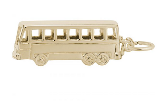 The School Bus Charm in Gold-Plated Sterling Silver from Rembrandt Charms is a gold-colored metal charm shaped like a bus, featuring intricate details such as windows and wheels, along with a keyring attachment. This exquisite piece is designed to resemble a miniature model of a school bus.