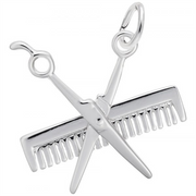 This hairstylist jewelry piece, the Comb & Scissors Charm in Sterling Silver by Rembrandt Charms, elegantly symbolizes the art of hairstyling with its design featuring a crossed pair of scissors and a comb.