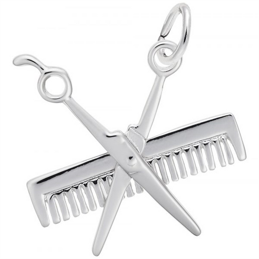This hairstylist jewelry piece, the Comb & Scissors Charm in Sterling Silver by Rembrandt Charms, elegantly symbolizes the art of hairstyling with its design featuring a crossed pair of scissors and a comb.