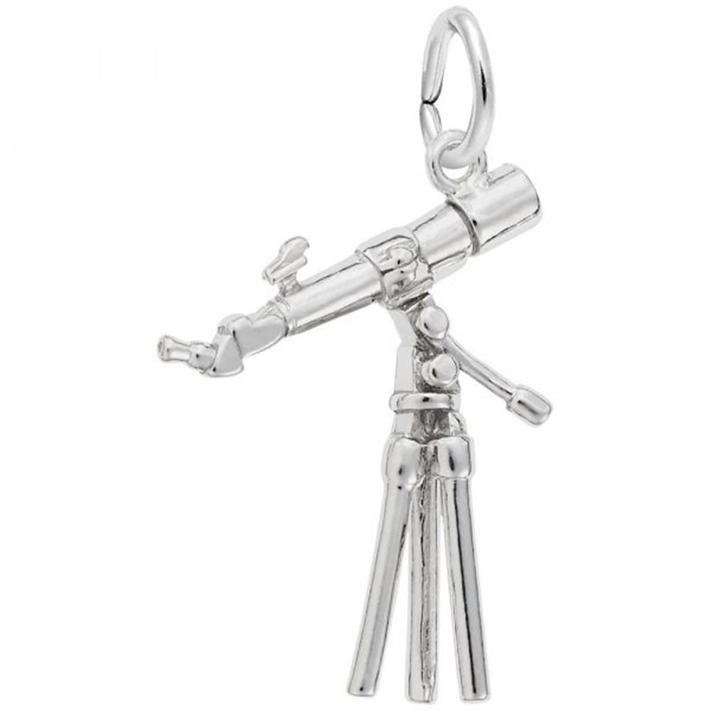The Rembrandt Charms Telescope Charm in sterling silver features a finely detailed telescope mounted on a tripod. The charm showcases the various telescope components, along with the intricate legs of the tripod. A small loop at the top allows for easy attachment to a bracelet or necklace.