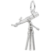 The Rembrandt Charms Telescope Charm in sterling silver features a finely detailed telescope mounted on a tripod. The charm showcases the various telescope components, along with the intricate legs of the tripod. A small loop at the top allows for easy attachment to a bracelet or necklace.