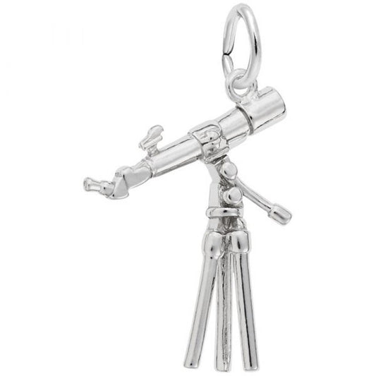 The Rembrandt Charms Telescope Charm in sterling silver features a finely detailed telescope mounted on a tripod. The charm showcases the various telescope components, along with the intricate legs of the tripod. A small loop at the top allows for easy attachment to a bracelet or necklace.