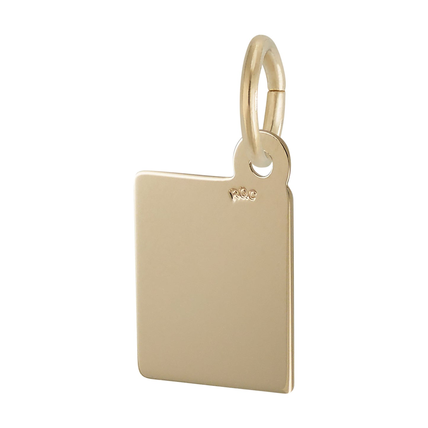 A gold-plated rectangular Book Charm from Rembrandt Charms features a rounded top corner, a small loop for attaching to a chain, and a discreet stamped marking near the loop—making it an ideal literary keepsake or personalized piece of book jewelry.