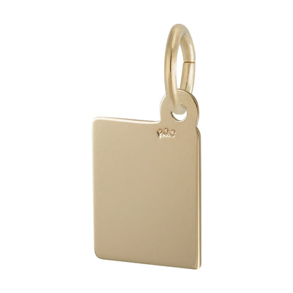 A gold-plated rectangular Book Charm from Rembrandt Charms features a rounded top corner, a small loop for attaching to a chain, and a discreet stamped marking near the loop—making it an ideal literary keepsake or personalized piece of book jewelry.