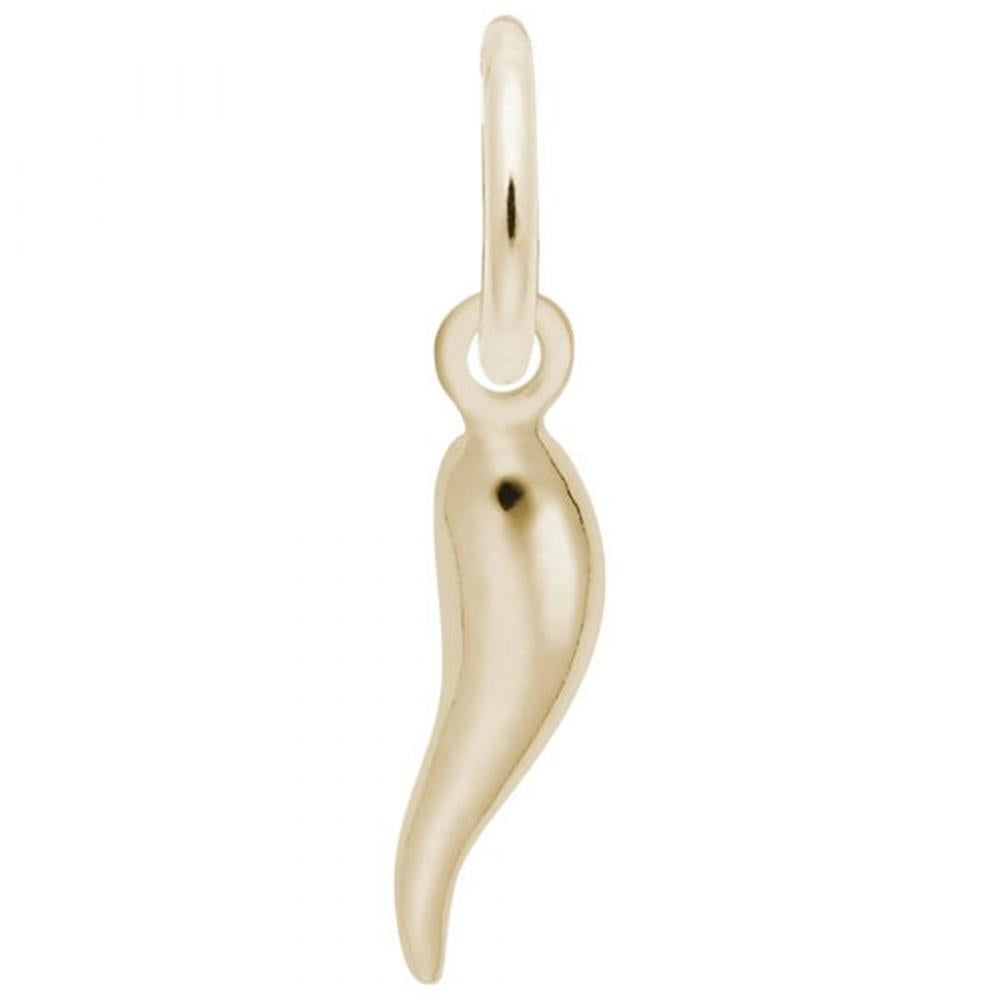 The Italian Horn Charm by Rembrandt Charms is a gold-plated sterling silver pendant with a smooth, polished surface. This charm features a small loop at the top, making it easy to attach to a chain or bracelet. Its shape resembles a curved, elongated drop.