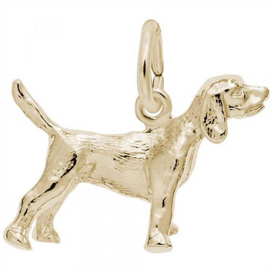 Discover the Beagle Gold Plated Sterling Silver Charm by Rembrandt Charms, showcasing intricate fur texture and adorable floppy ears, complete with a loop for easy attachment to any bracelet or necklace.